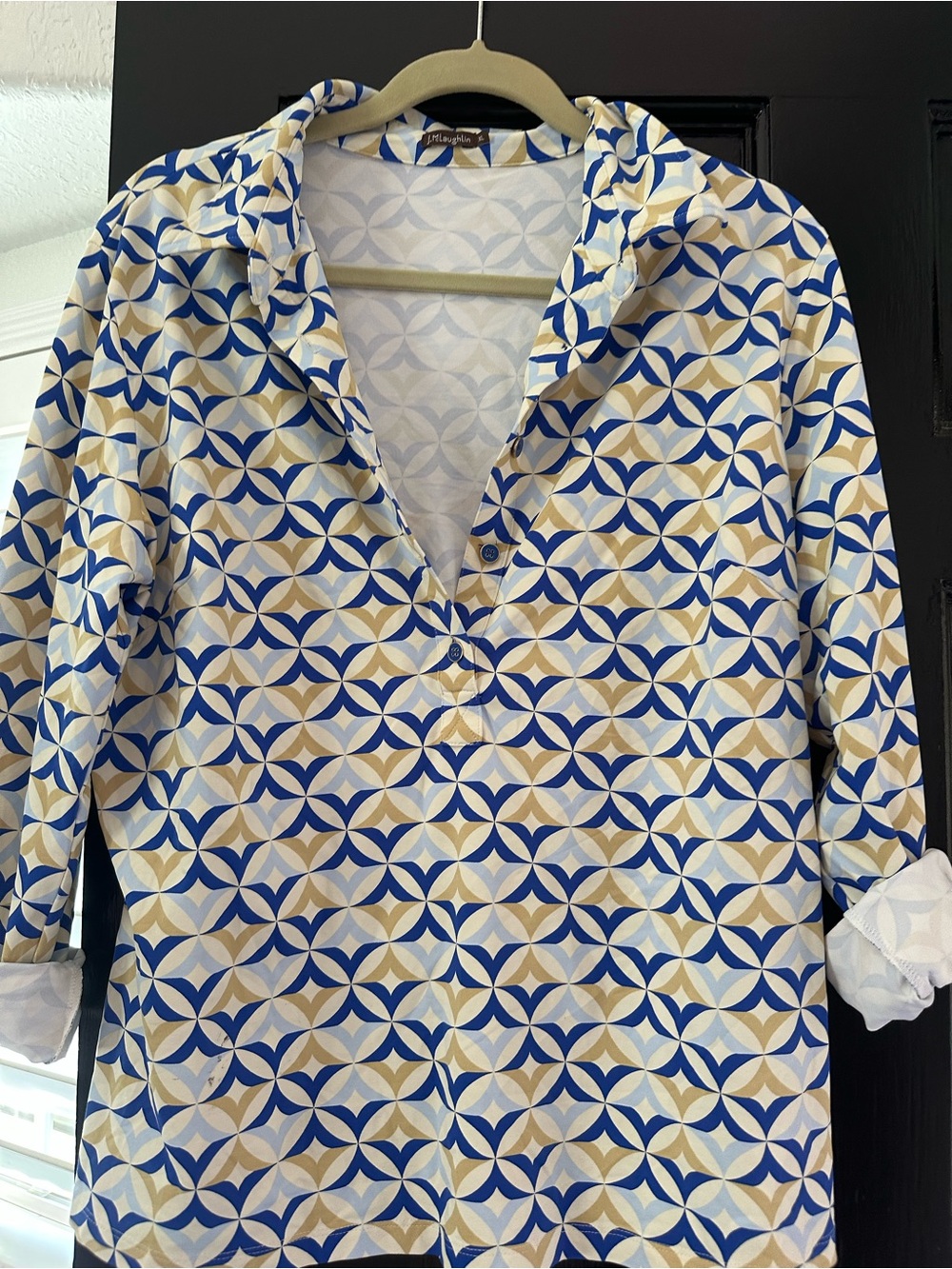 Geometric Print Button-Front Tunic in Blue and Tan j. Mclauglin